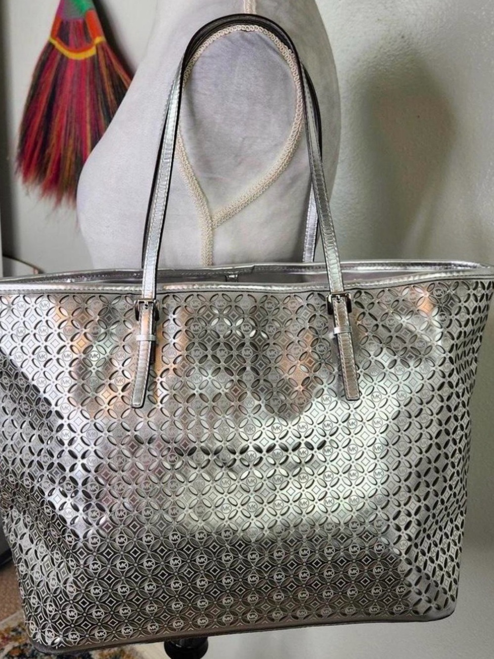 Metallic Silver Laser-Cut Tote Bag with Adjustable Straps